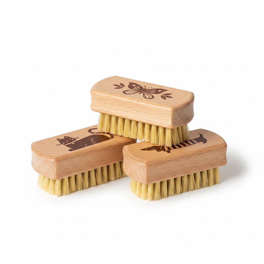 Three wooden nail brushes showing the assorted printed designs