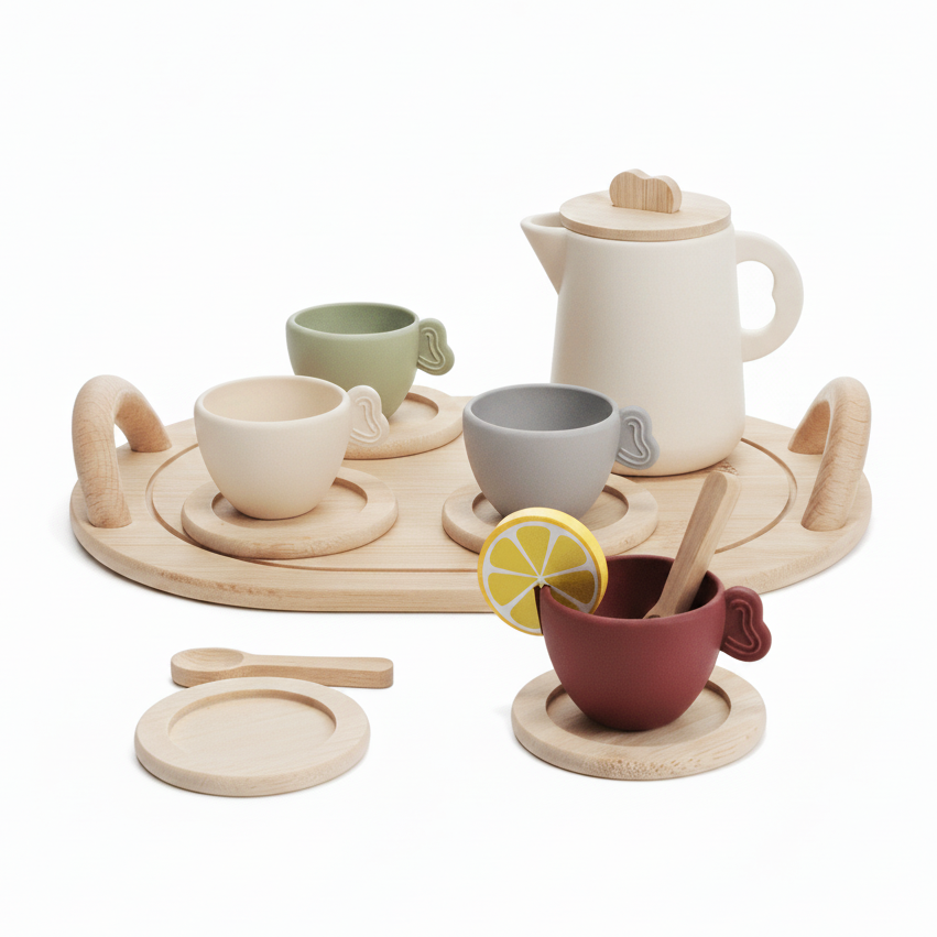 Complete wooden tea playset for pretend play