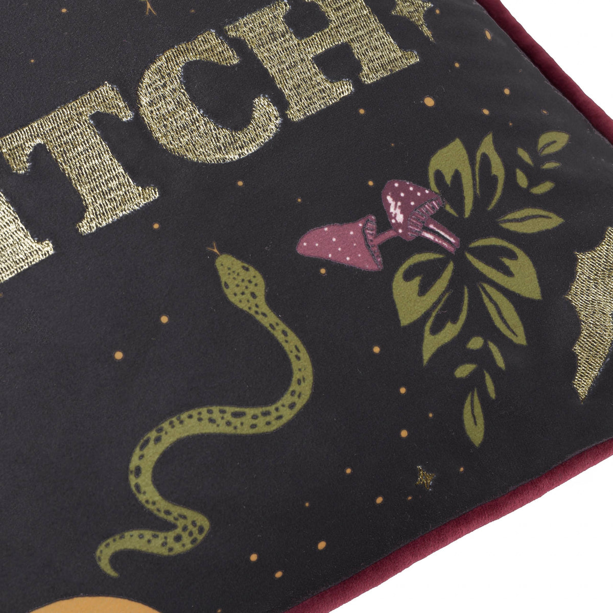 Close up of the gold snake and floral embroidery on black velvet