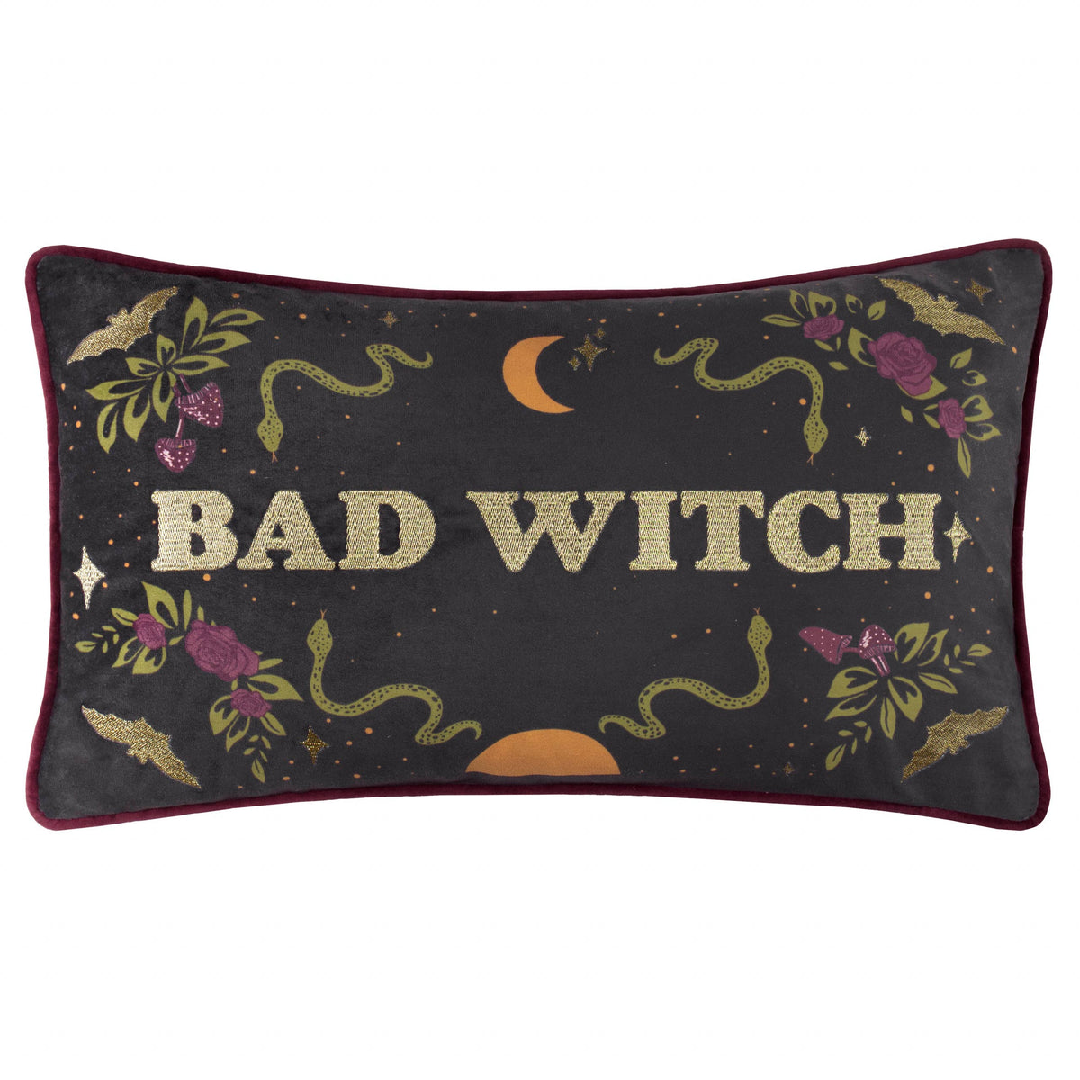 Bad Witch embroidered velvet cushion, front view styled lifestyle view