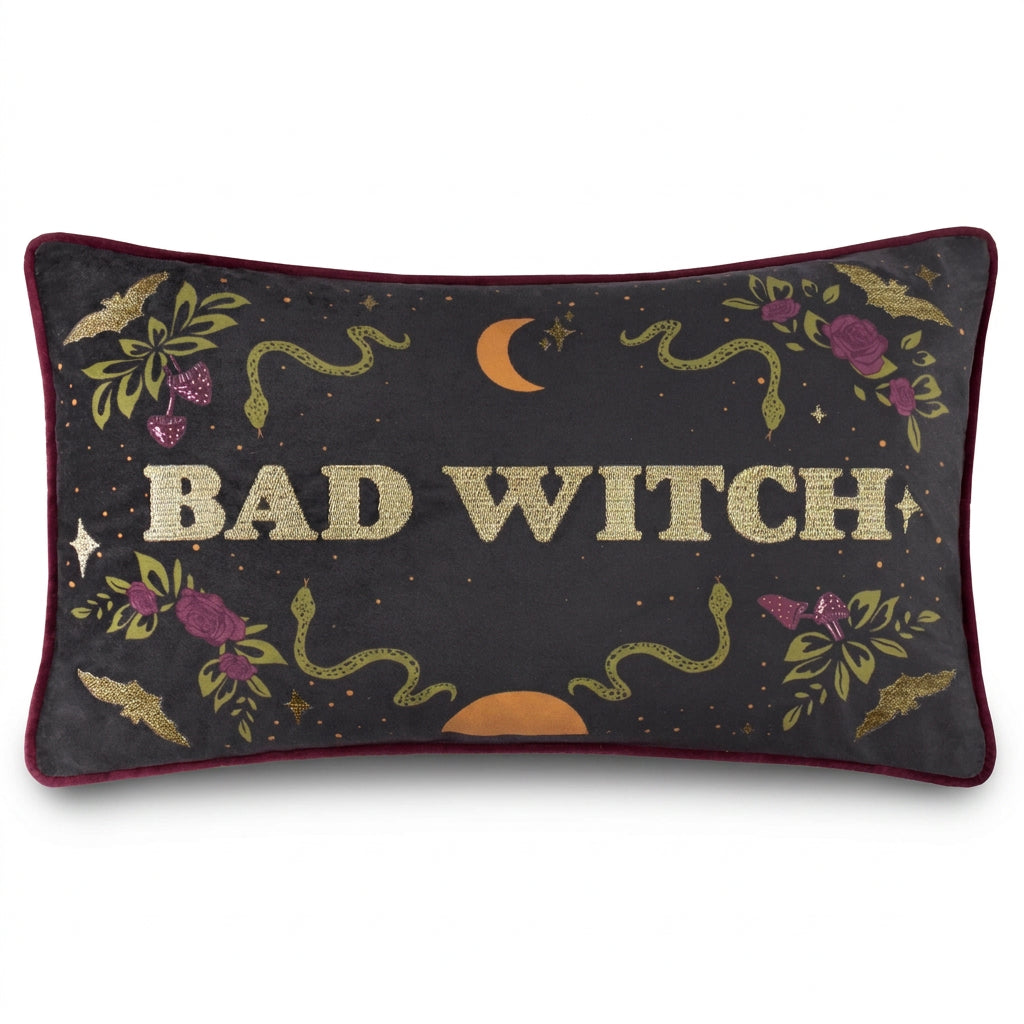 Bad Witch embroidered velvet cushion, front view on a white background