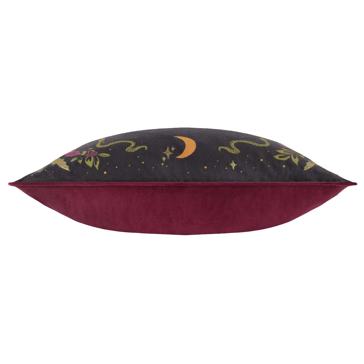 Bad Witch cushion side view showing the piped edge