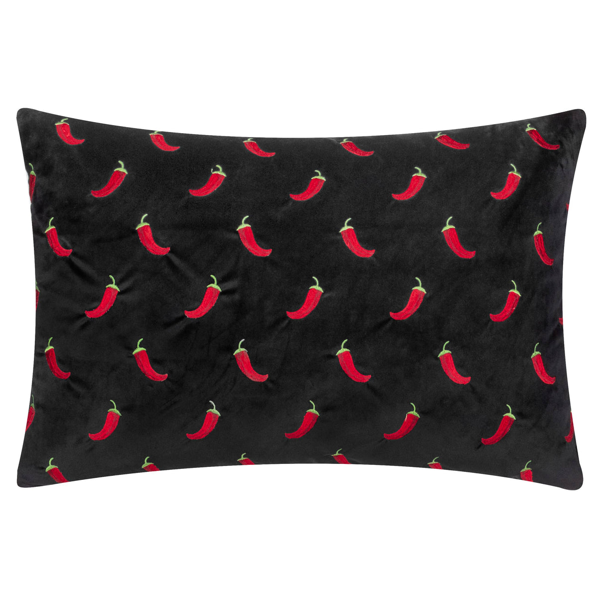 Chillies embroidered black velvet cushion front styled lifestyle view
