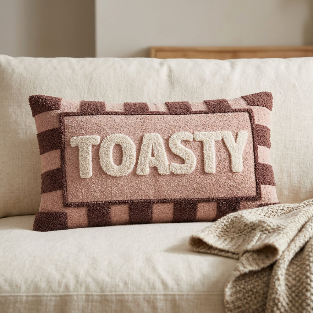 Toasty boucle cushion in pink with chocolate stripes styled lifestyle view