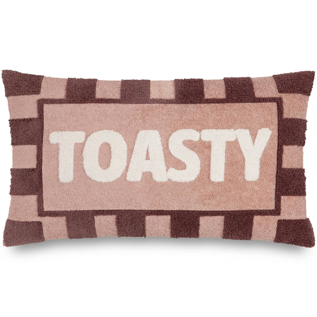 Toasty boucle cushion in pink with chocolate stripes on a white background
