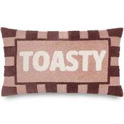 Toasty boucle cushion in pink with chocolate stripes on a white background
