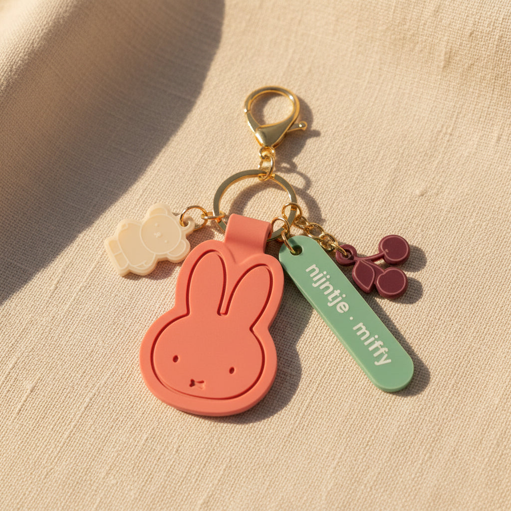Coral pink Miffy bag charm with cherry, bear and name tag on a gold clasp