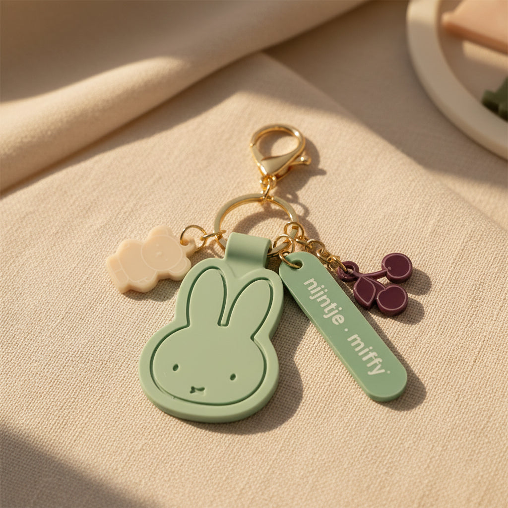 Mint Miffy bag charm with cherry, bear and name tag charms on a gold clasp