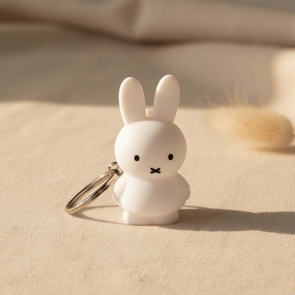 Moulded white Miffy figure with a silver split ring, front view