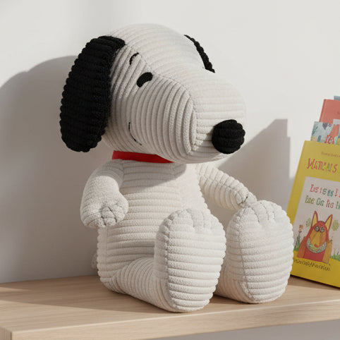 Snoopy ECO corduroy cream 27cm soft toy on shelf with books