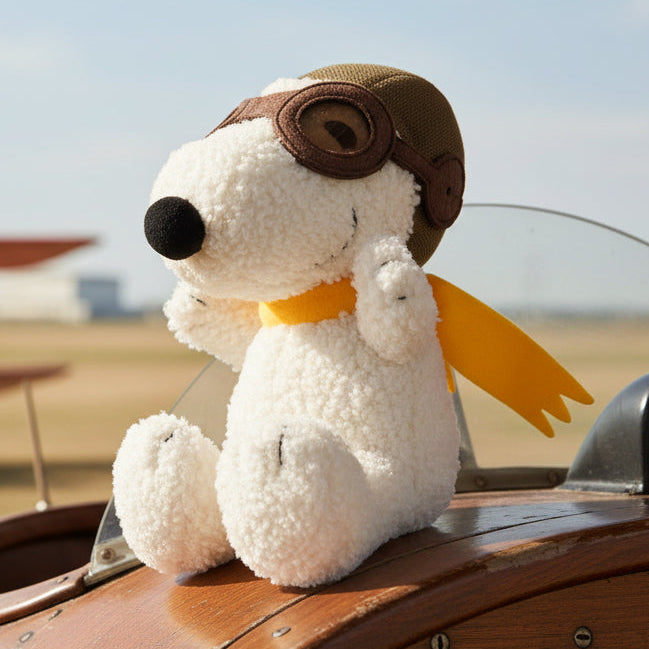 Snoopy Flying Ace soft toy in vintage aircraft cockpit lifestyle shot