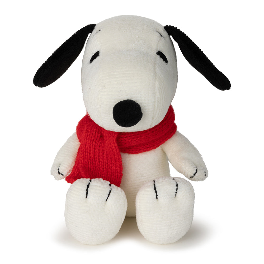 Snoopy with red scarf corduroy soft toy angled view white background