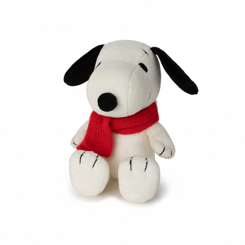 Snoopy corduroy soft toy with red scarf front view white background