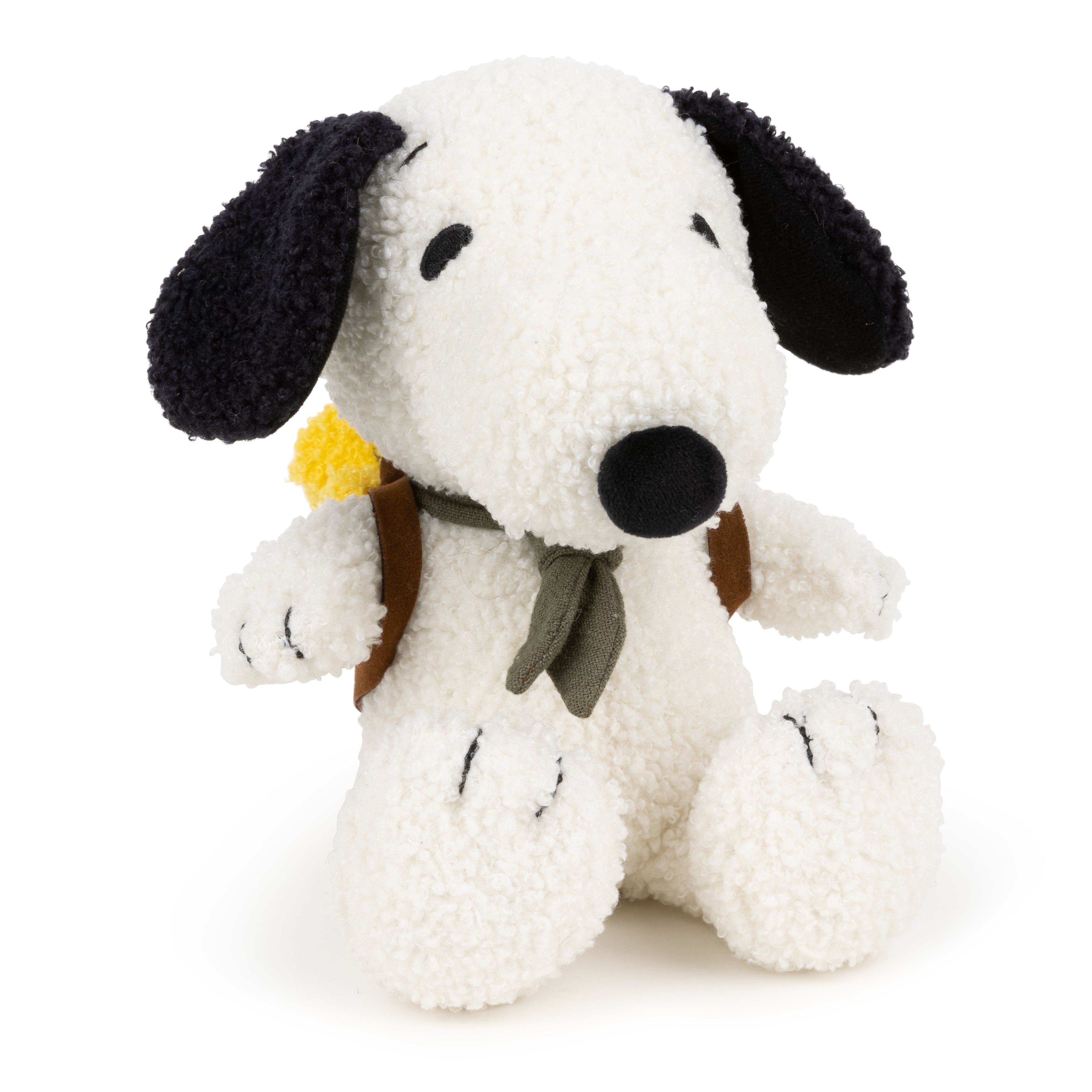 Snoopy with Woodstock front view showing green scarf white background
