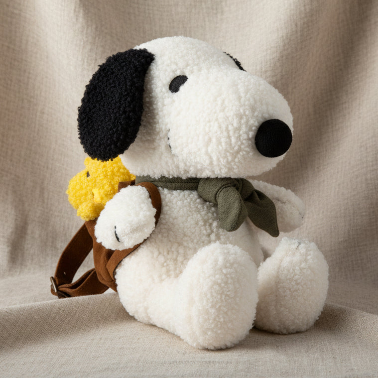 Snoopy with Woodstock in backpack soft toy on linen background