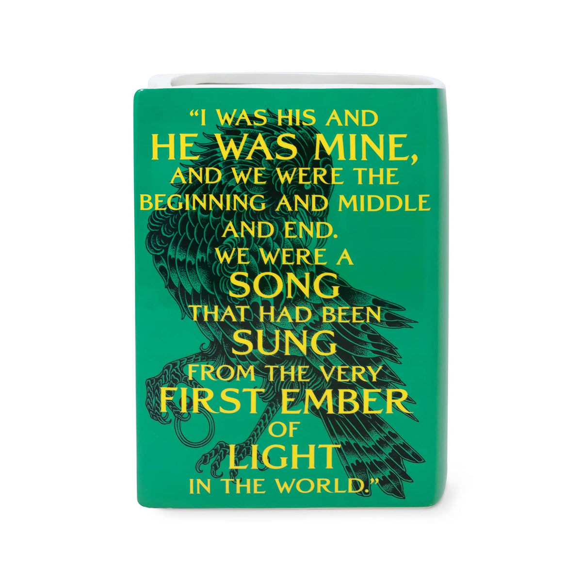 A Court of Mist and Fury Book Vase back cover with a quote from the novel