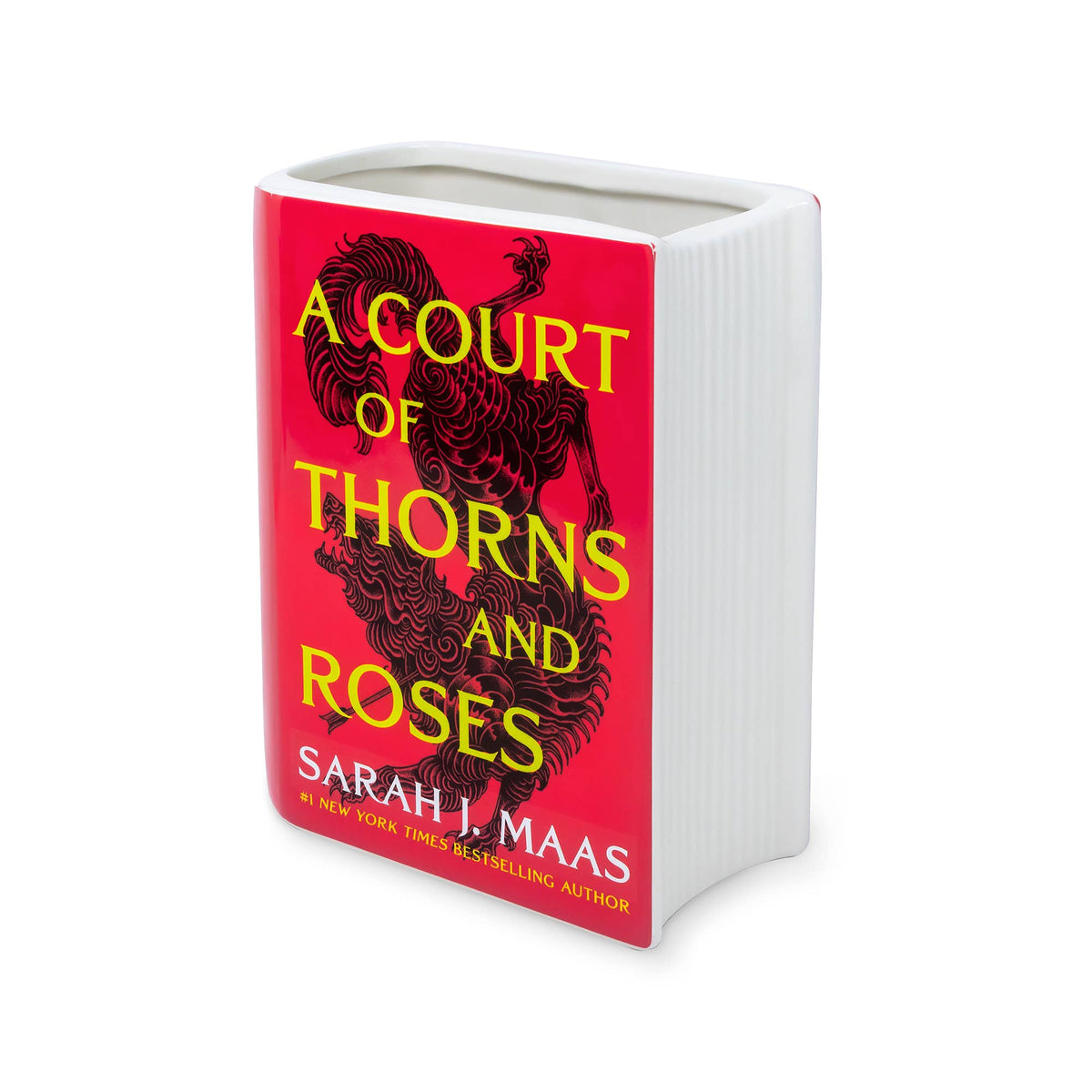 A Court of Thorns and Roses Book Vase at an angle showing the sculpted pages