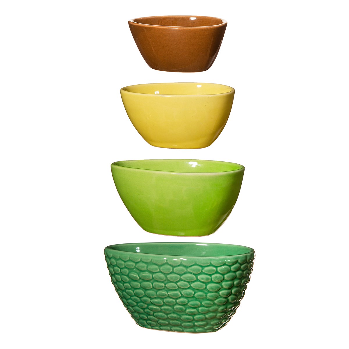 Avocado measuring cups stacked vertically showing all four graduated sizes side view