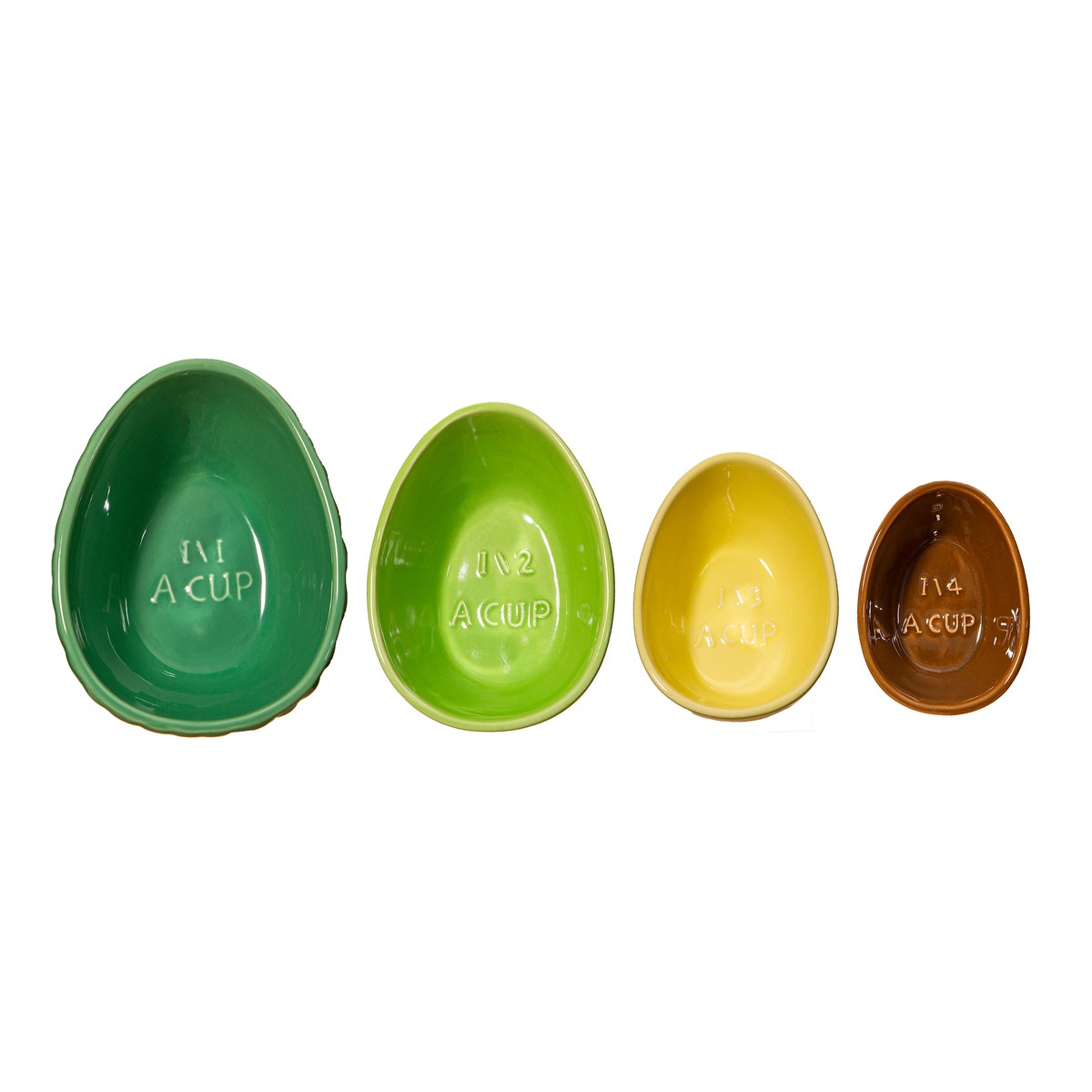 Four avocado measuring cups in a row showing embossed measurements inside each cup