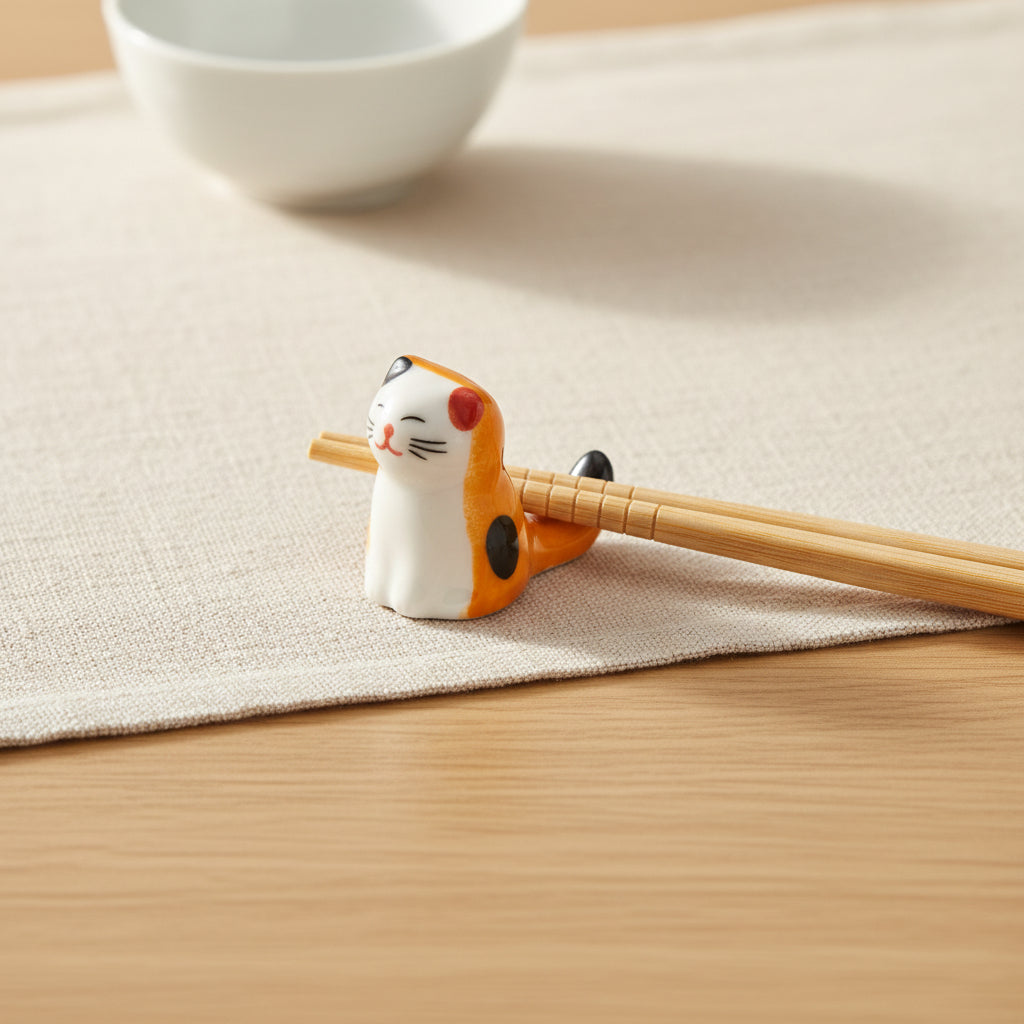 Single cat chopstick rest holding a pair of chopsticks, on white background