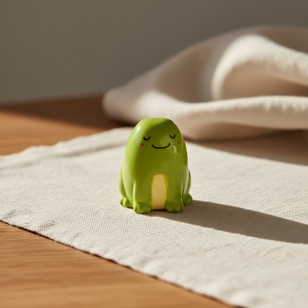 Green frog pocket token, ceramic, content sleepy face, on white background