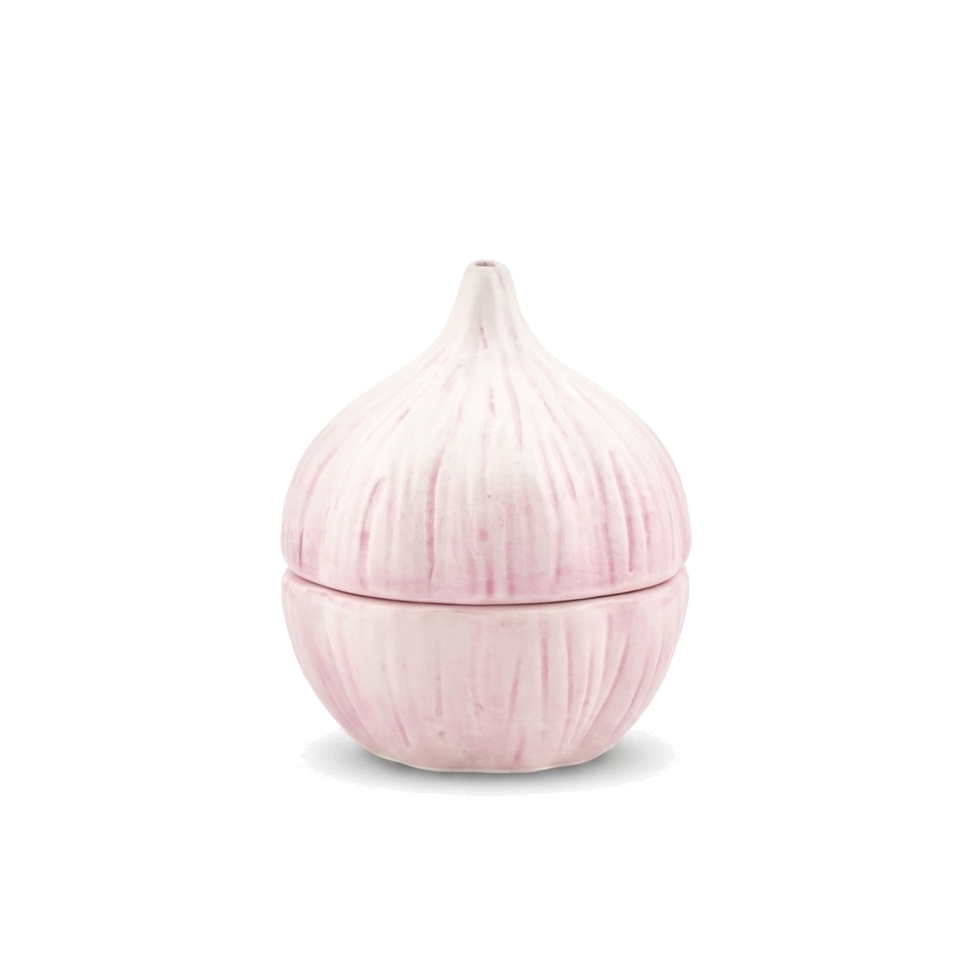 Garlic Salt and Pepper Shakers stacked as one bulb on a pure white background