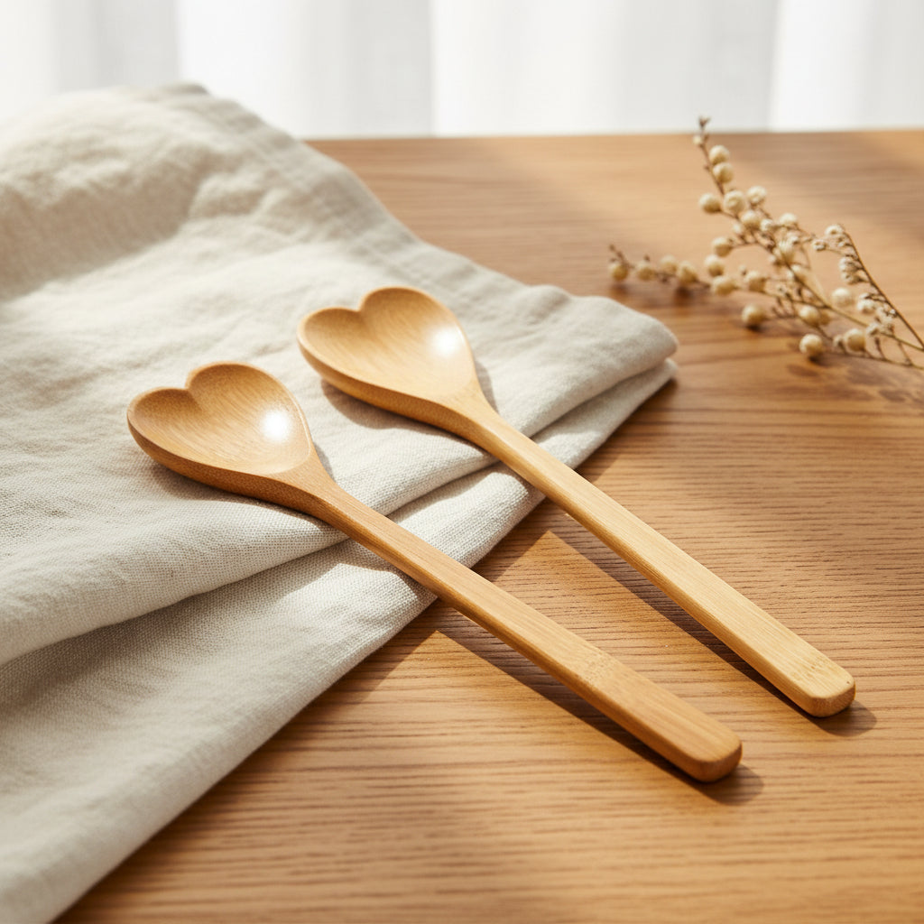 Bamboo salad servers with heart-shaped handles, front view on white