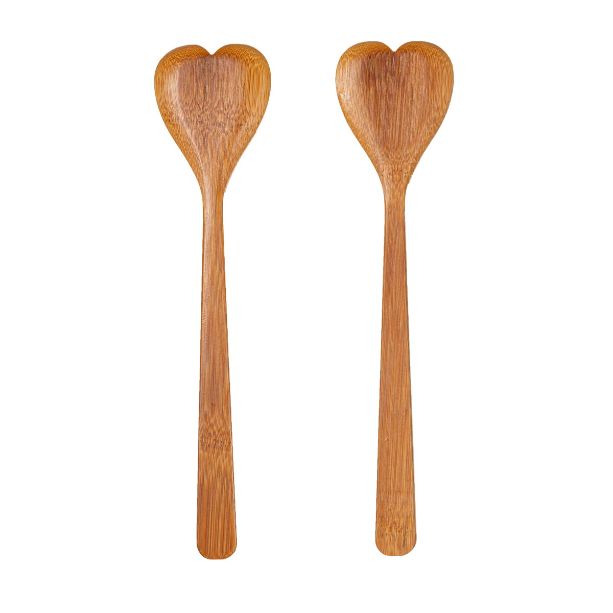 Pair of heart-shaped bamboo salad servers, on white background