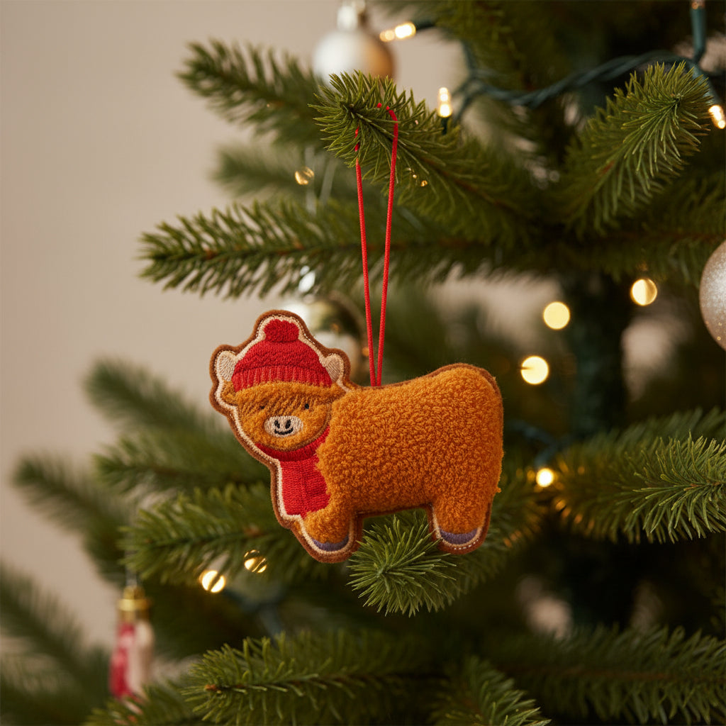 Highland Cow Bouclé Decoration on soft cream linen with dried winter foliage behind