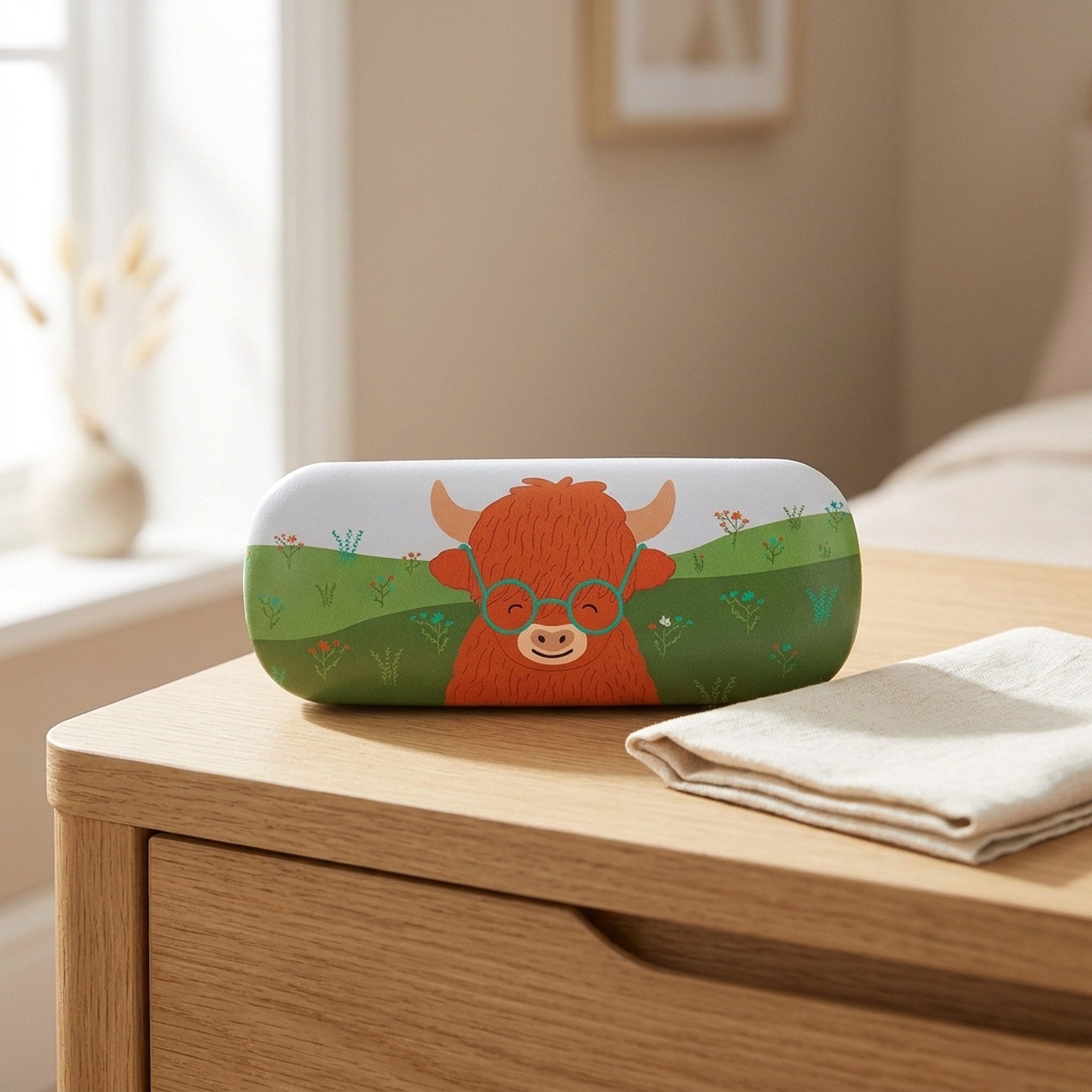Highland Cow Glasses Case on a light wooden bedside table