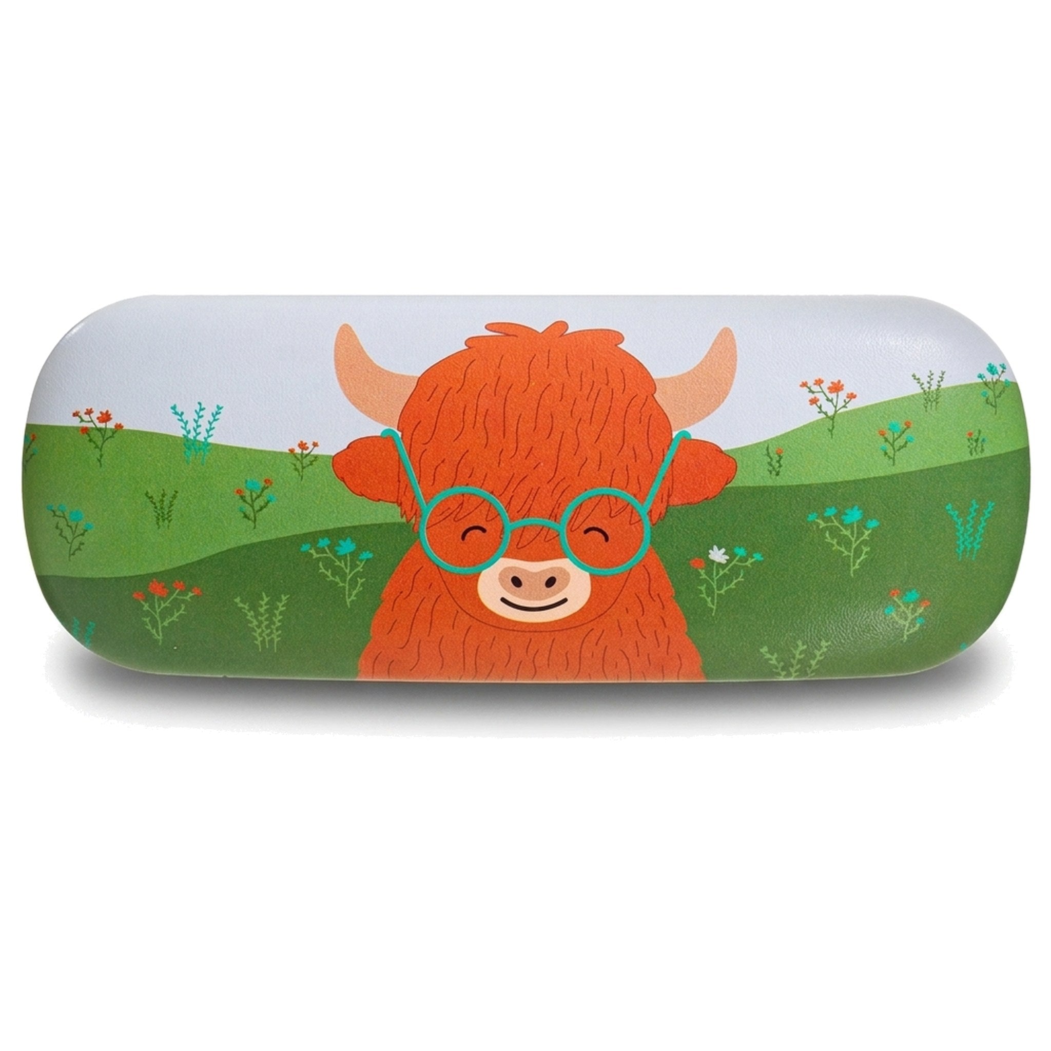 Highland Cow Glasses Case hard shell design on a pure white background