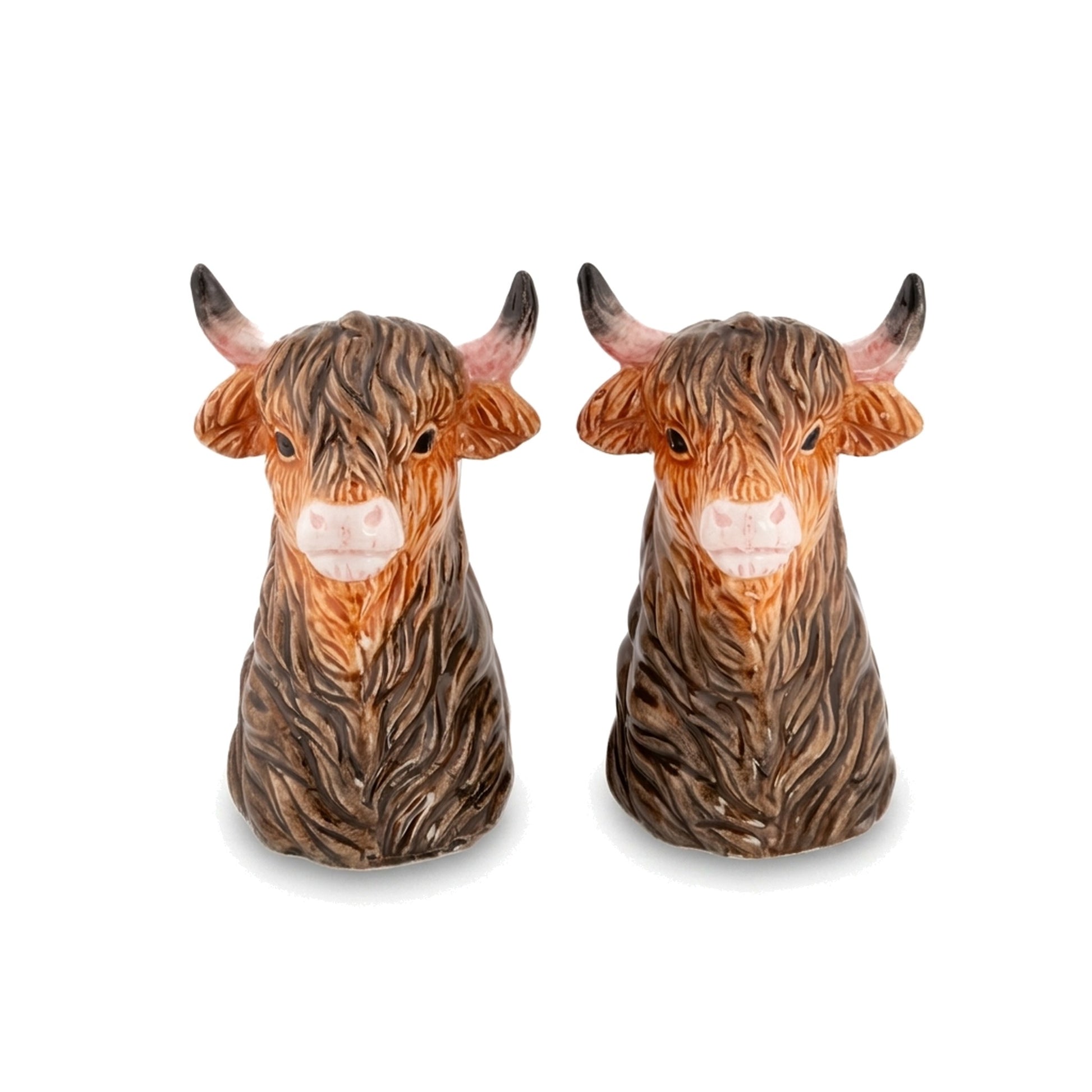 Highland Cow Head Salt and Pepper Shakers pair on a pure white background