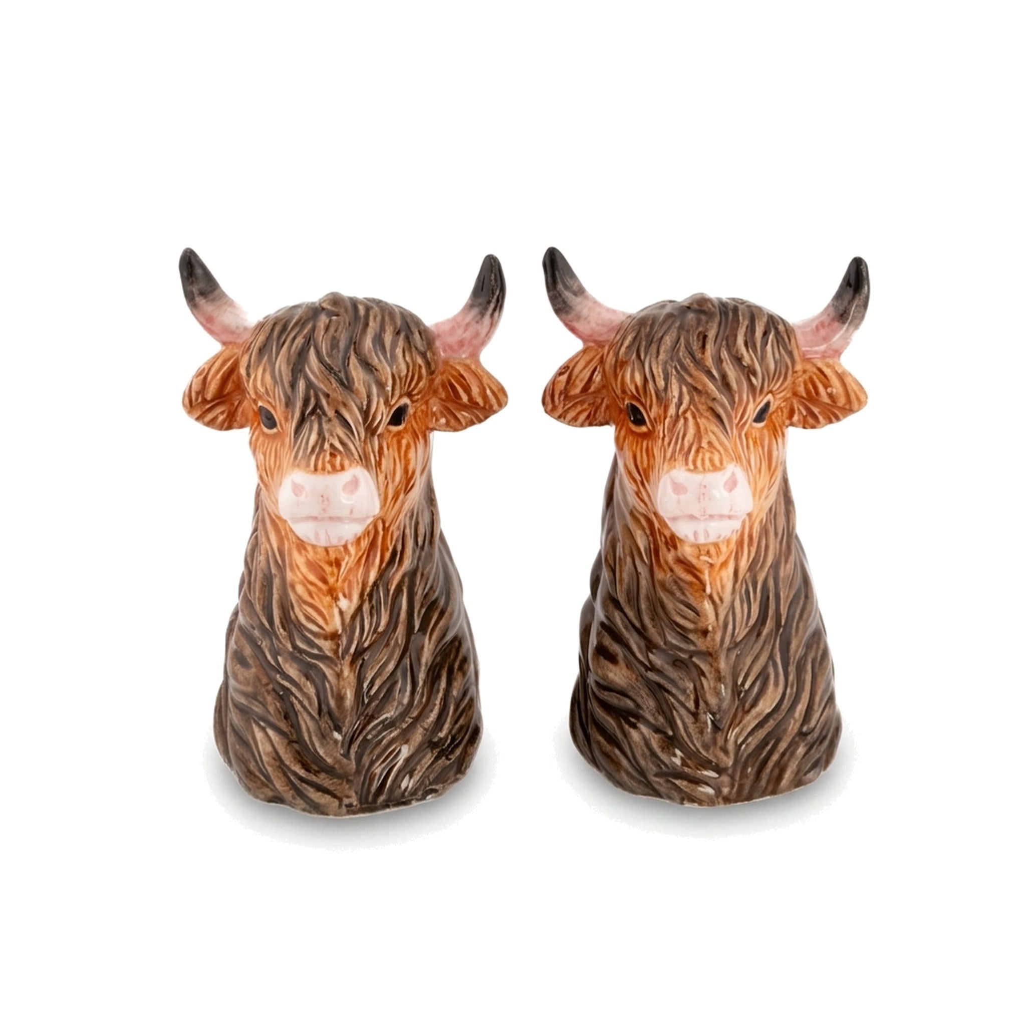 Highland Cow Head Salt and Pepper Shakers pair on a pure white background