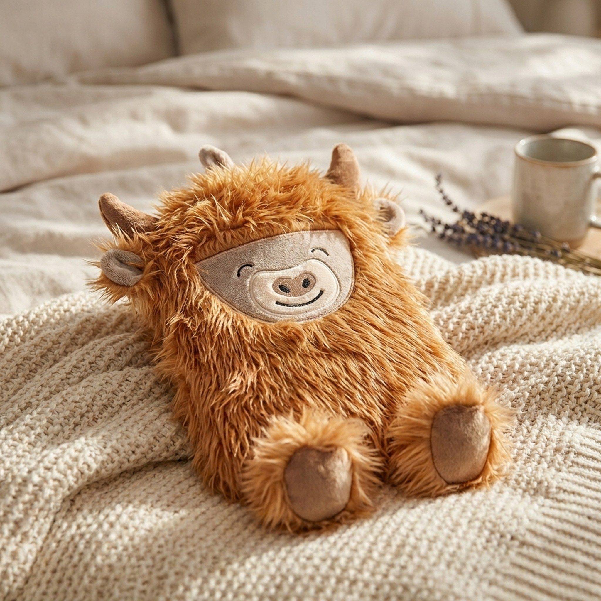 Highland Cow Hot Water Bottle resting on a cream knitted throw