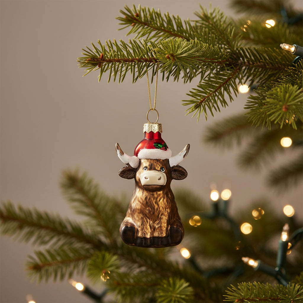 Highland Cow Shaped Bauble hanging against softly blurred evergreen branches