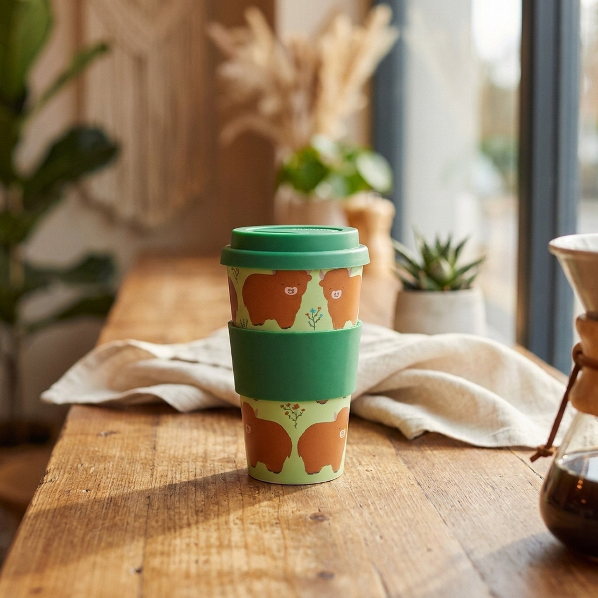 Highland Cow Travel Coffee Cup on a wooden cafe table by the window