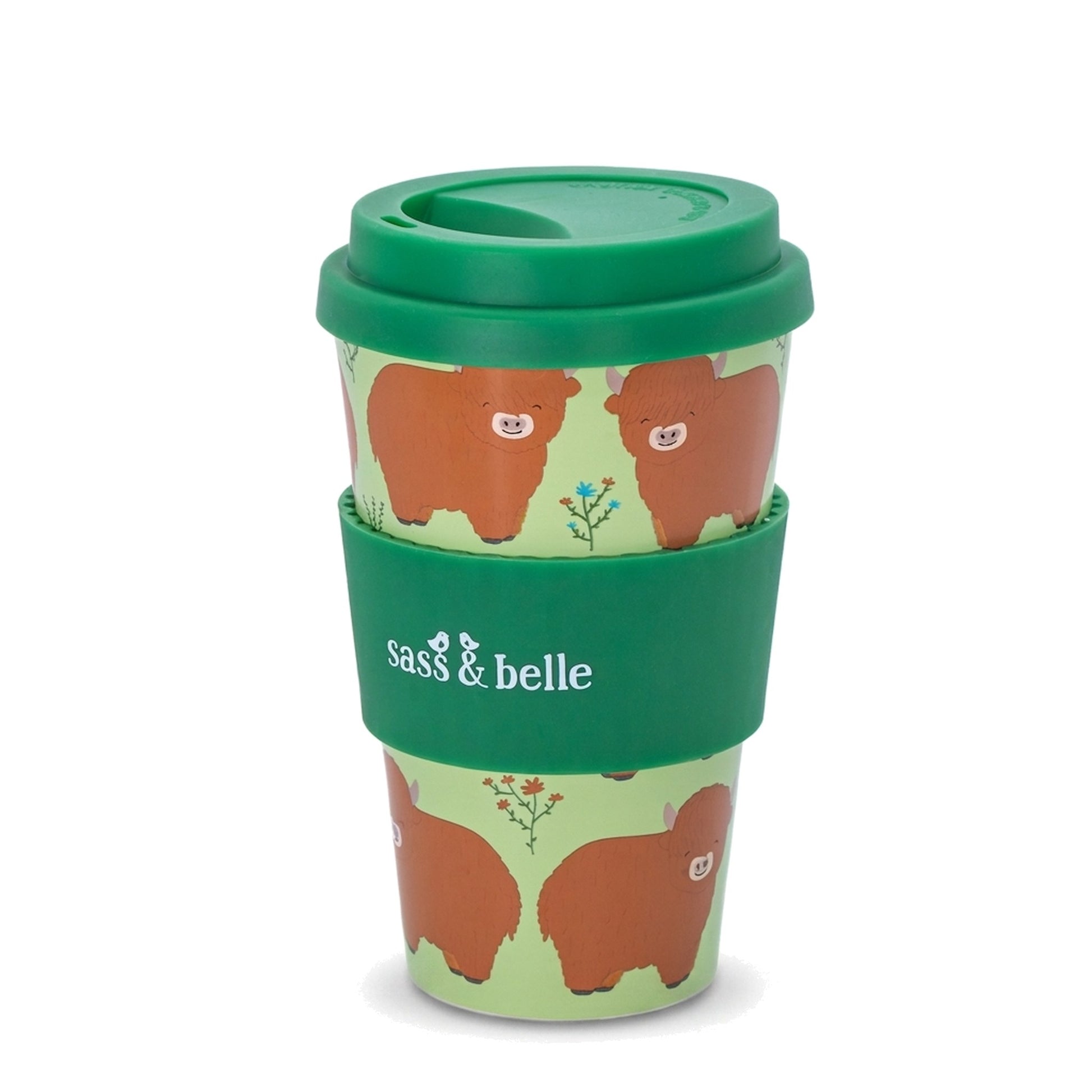 Highland Cow Travel Coffee Cup with green silicone lid on a pure white background