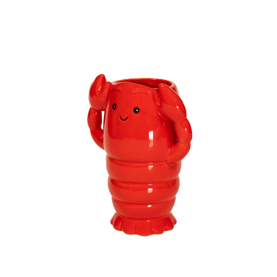 Red lobster ceramic vase with cheerful face, front view on white background