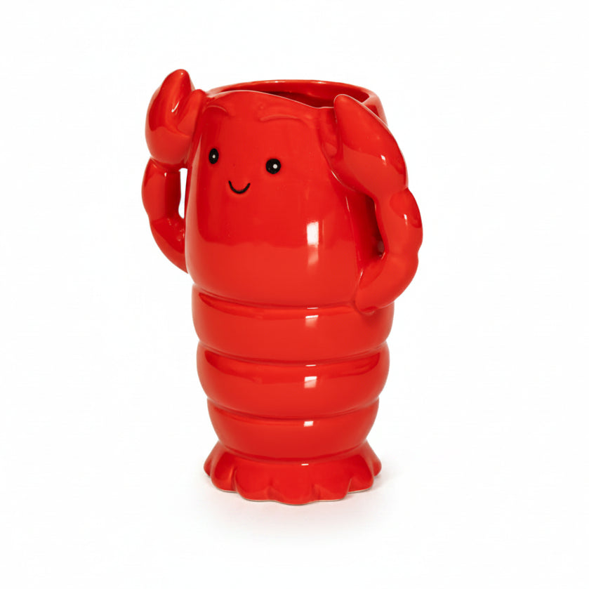 Red lobster shaped ceramic bud vase with a cute face, front view on white
