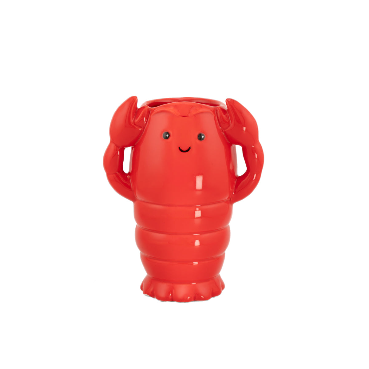Red lobster vase side angle showing raised claws, on white background