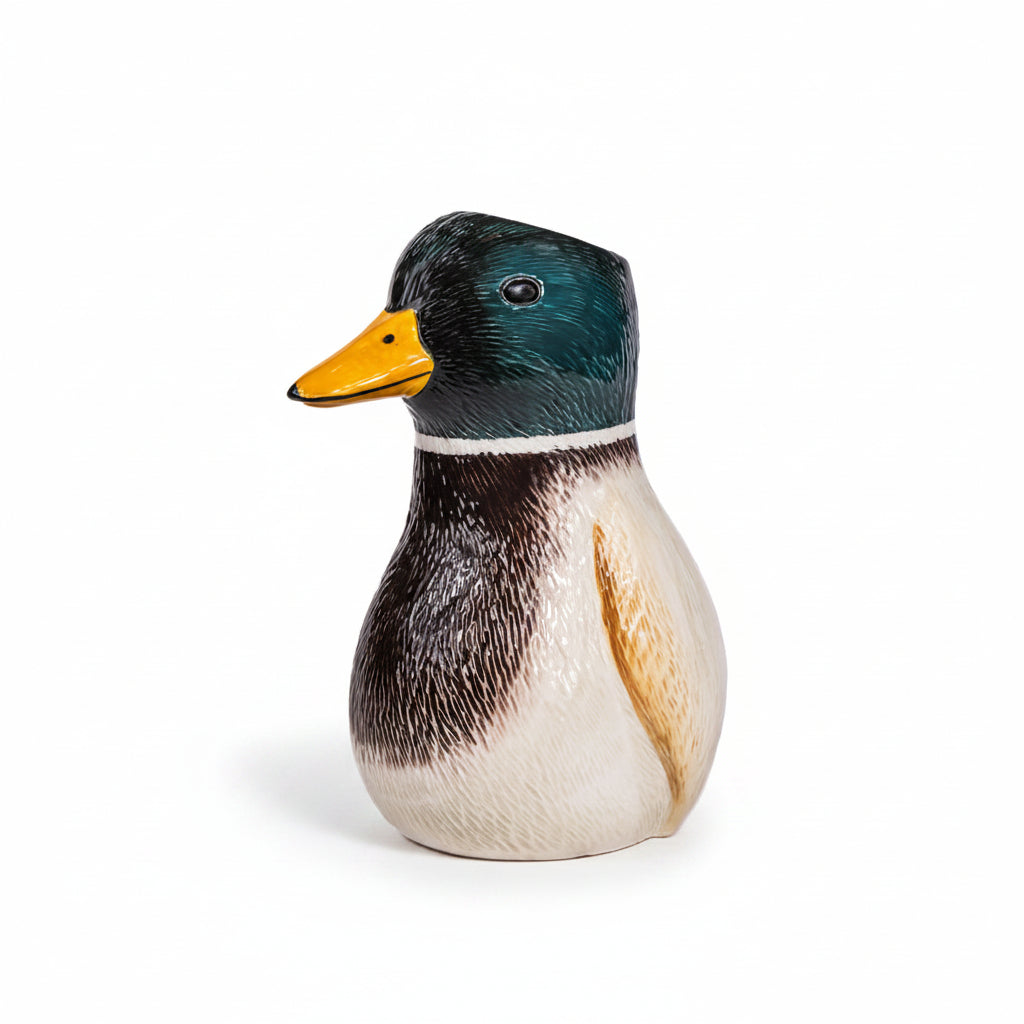 Mallard duck shaped vase front view showing green head on white background