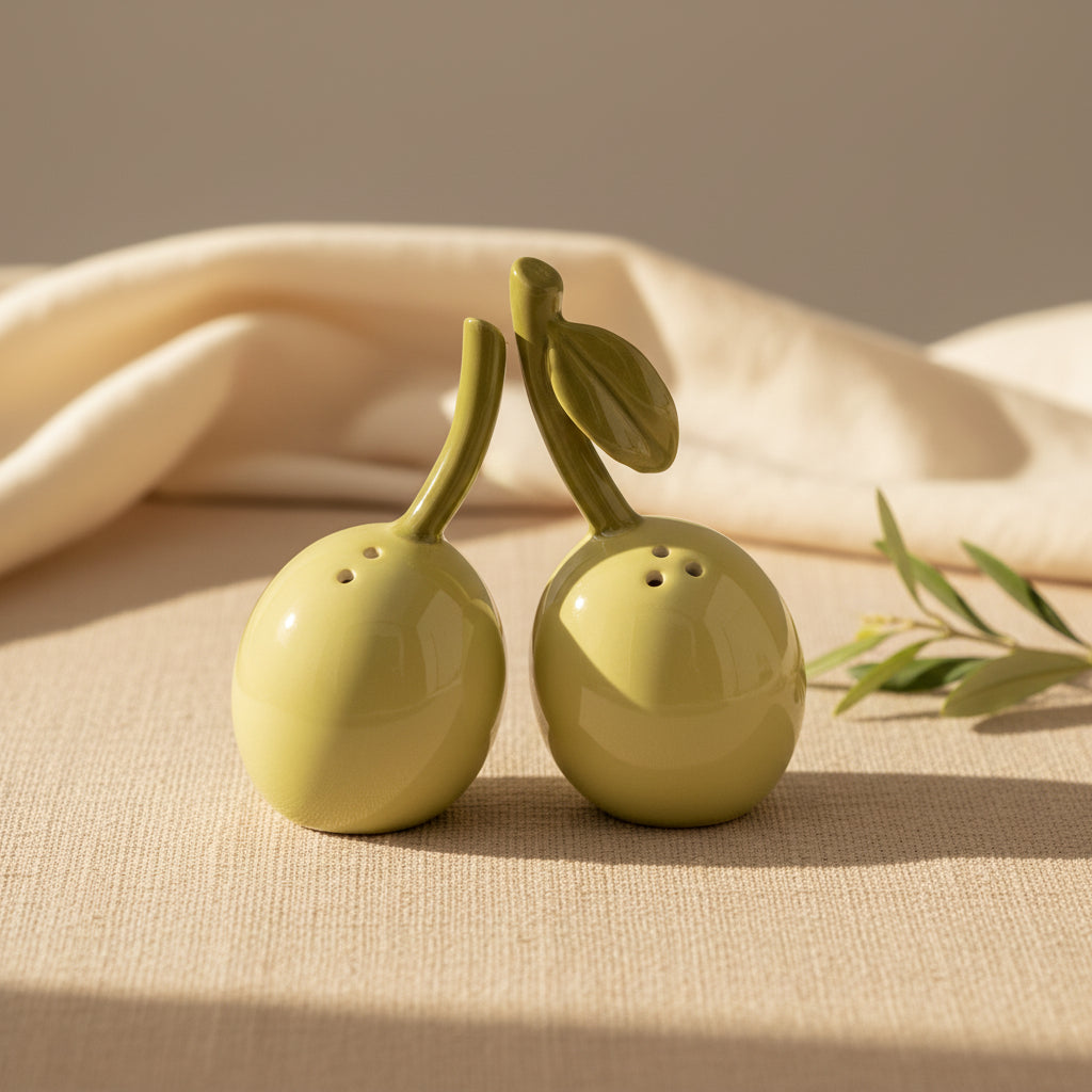 Olive ceramic salt and pepper shakers, green olive pair, front view