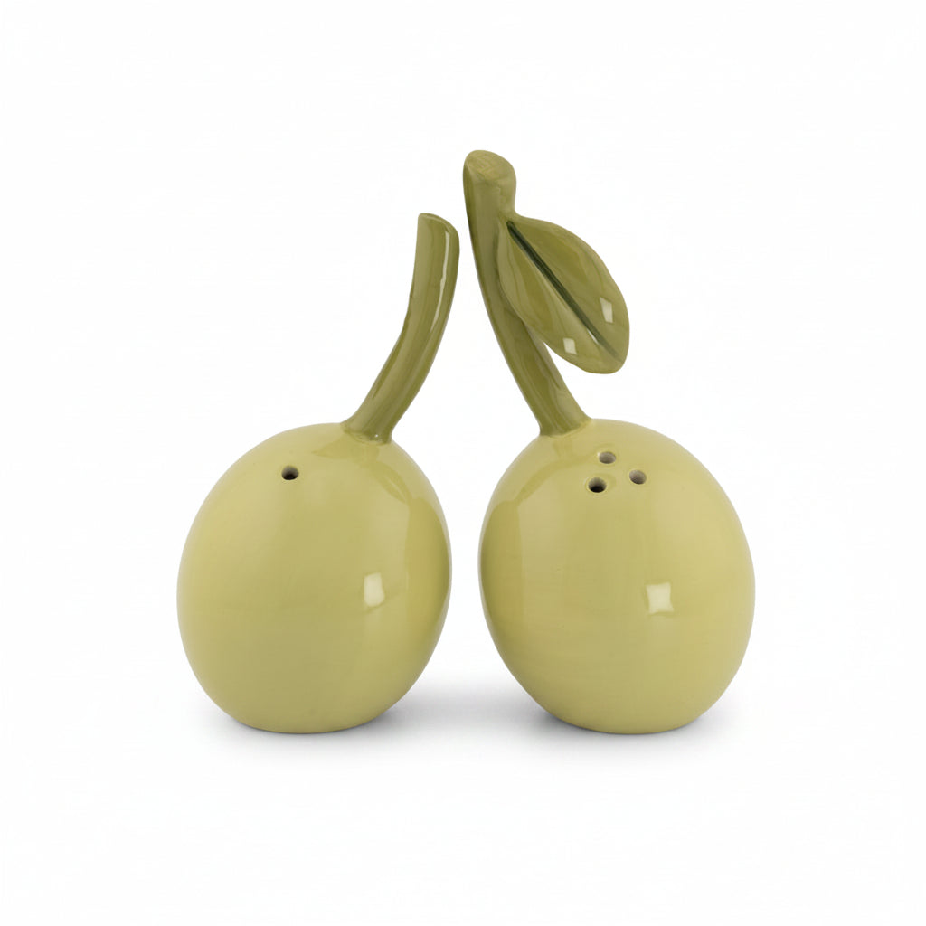 Olive salt and pepper shakers, pair of green ceramic olives, on white background