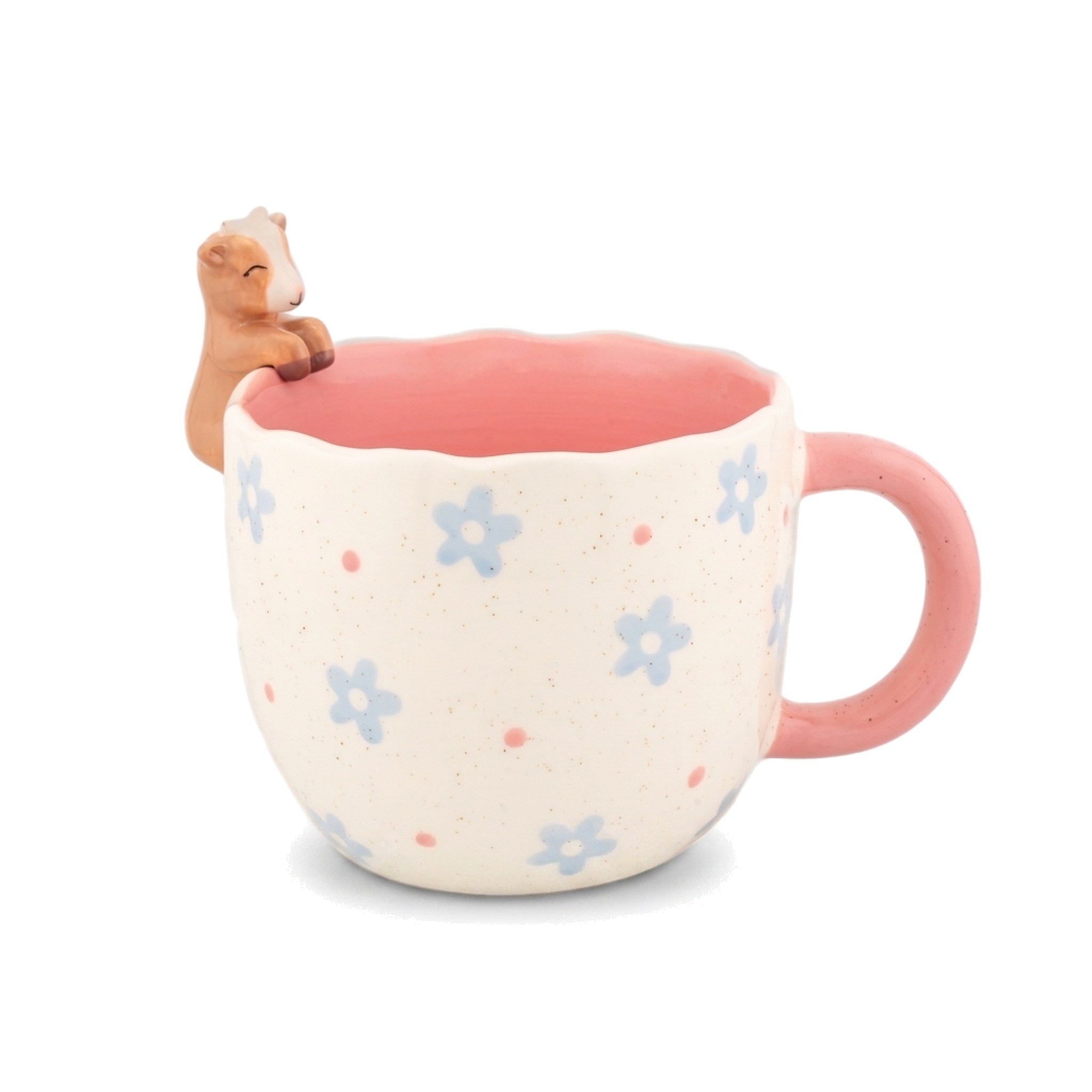 Peeking Goat Mug with blue floral print on a pure white background