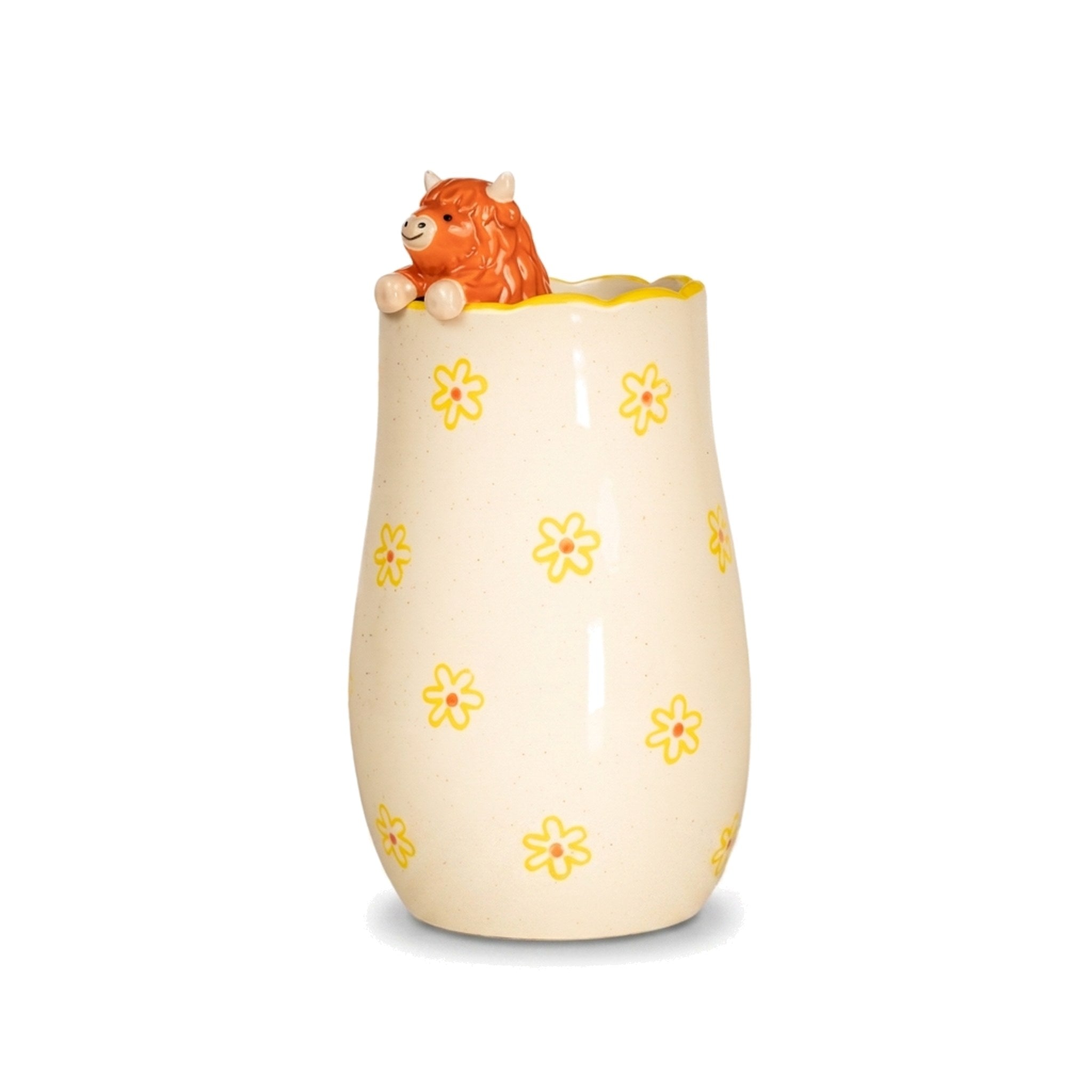 Peeking Highland Cow Vase with yellow daisy print on a pure white background
