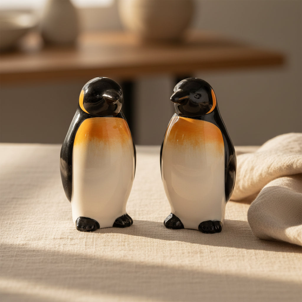 Penguin ceramic salt and pepper shakers, black and white pair, front view
