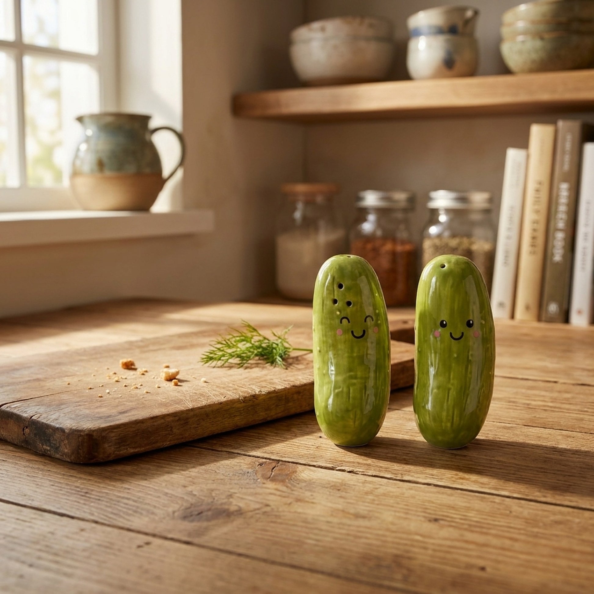 Pickle Salt and Pepper Shakers on a rustic wooden kitchen table