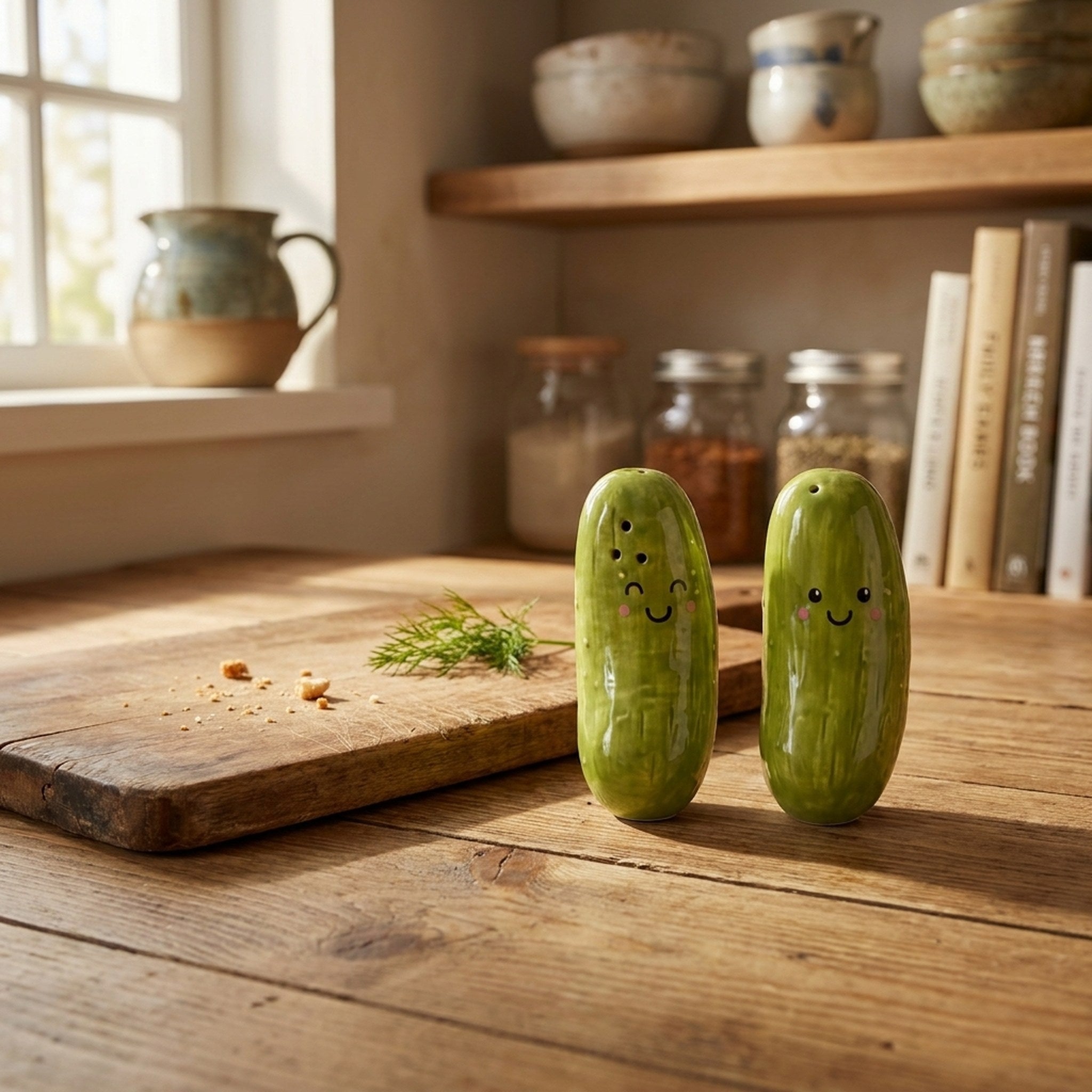 Pickle Salt and Pepper Shakers on a rustic wooden kitchen table