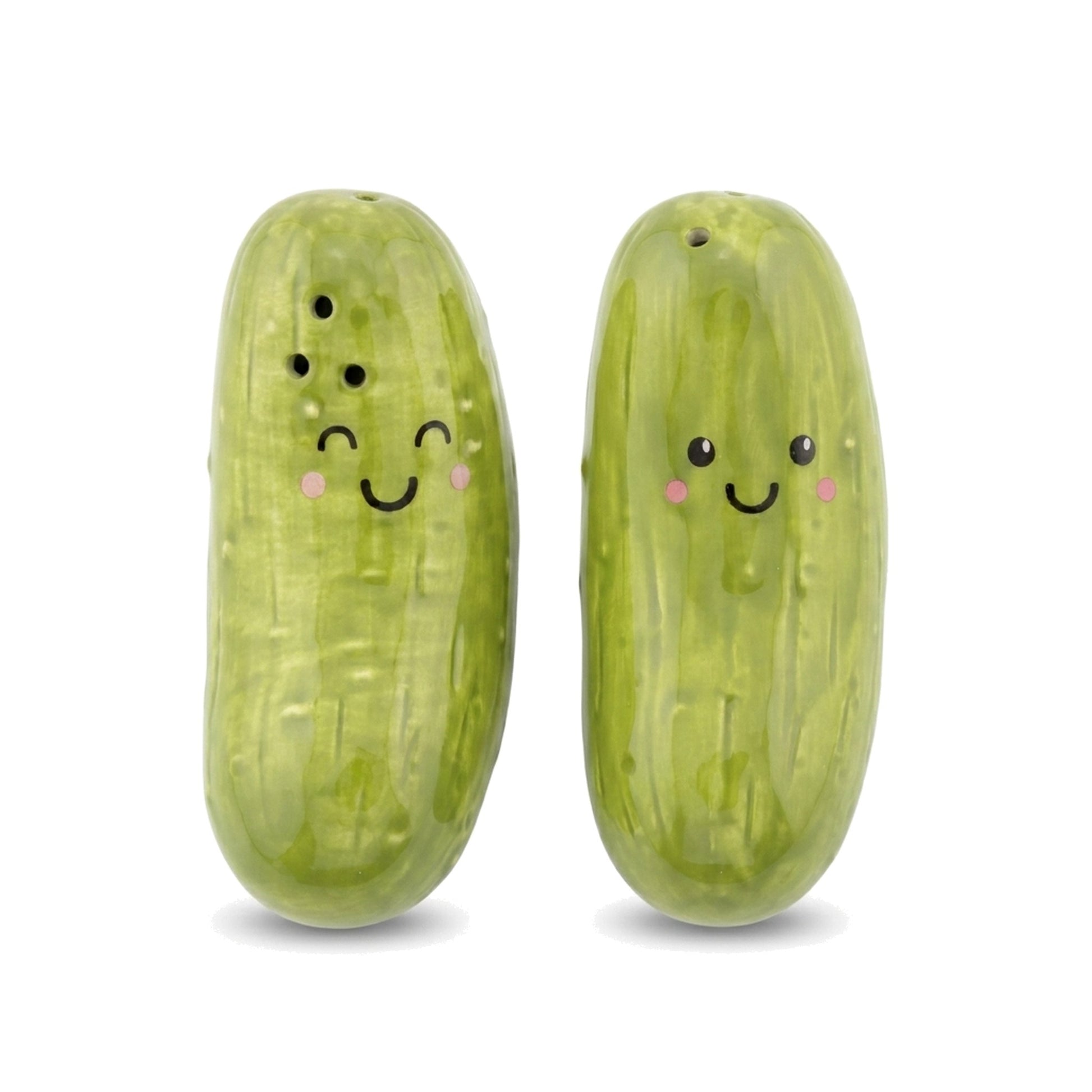 Pickle Salt and Pepper Shakers smiling pair on a pure white background