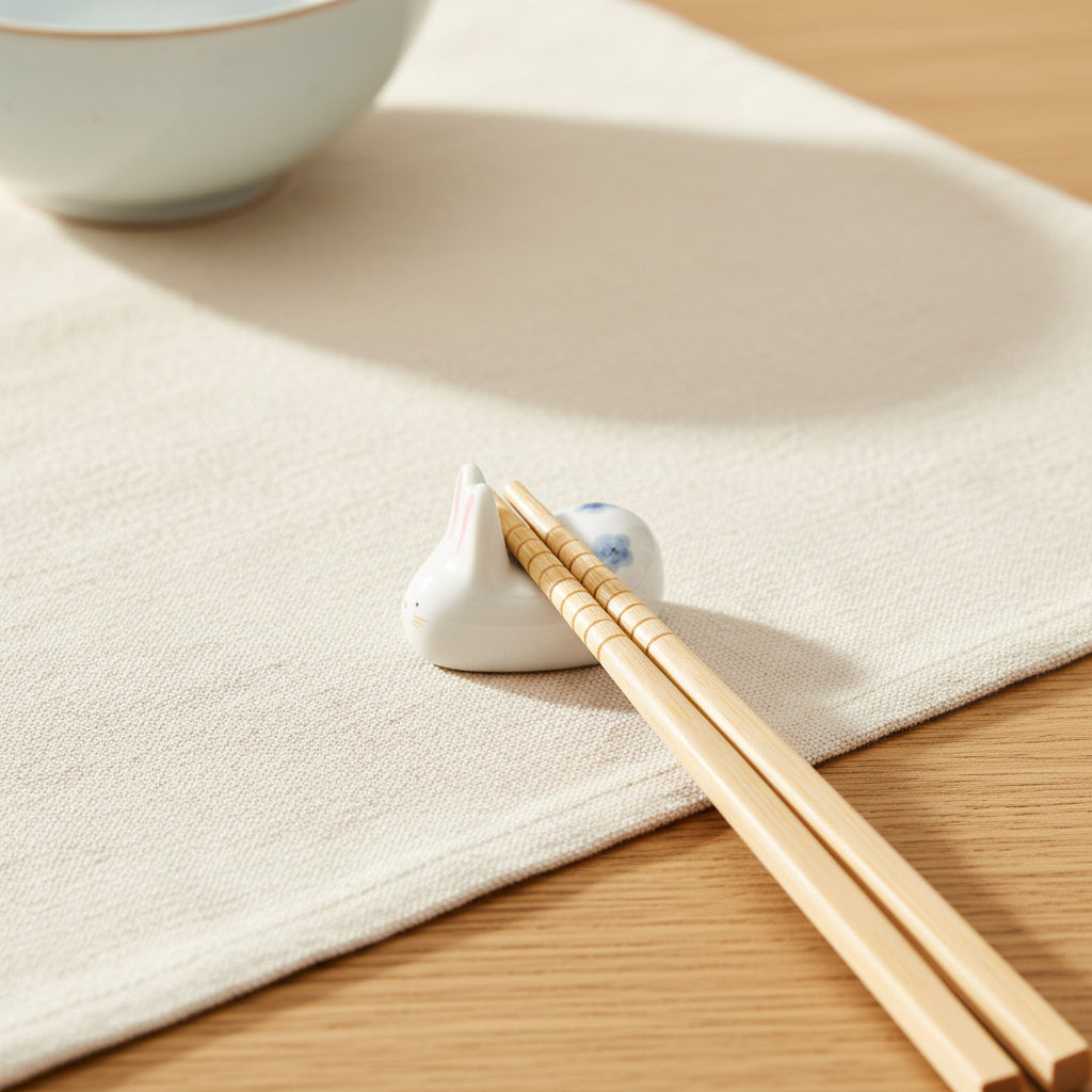 Single rabbit chopstick rest holding chopsticks, on white background